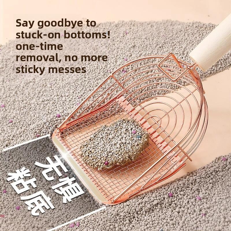 A Large-sized Metal Cat Litter Scraper with A Wooden Handle and Fine Mesh Holes. It Is A Wall-mounted Cat Litter Cleaning Tool
