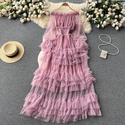 Französisches Rüschen-Netz-Kuchenkleid Damen-Taille Dünnes Temperament Ein-Schulter-Super-Feen-Langes Kleid