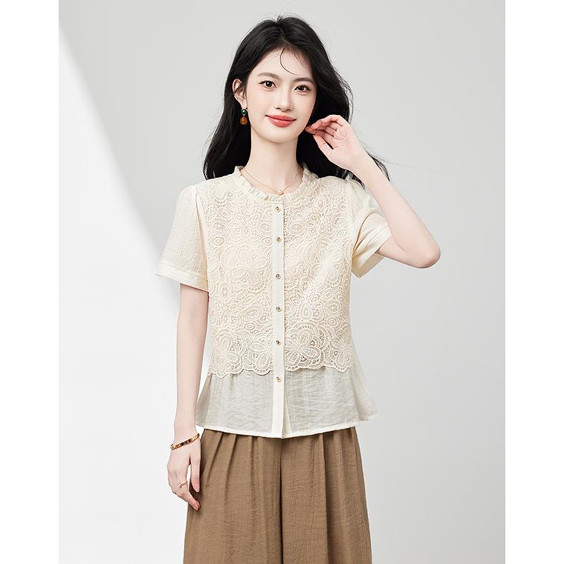 Fashionable temperament embroidered ruffle collar short sleeved shirt