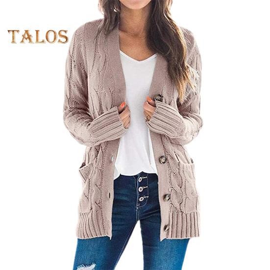 Dámský svetr bunda s dlouhým rukávem, zapínání na knoflíky, zimní kabát s kapsou, jednobarevný svetr s volným střihem