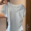 V-neck Short-sleeved T-shirt Women's Summer New Korean Version Slim-fitting and Thin Design Pleated Blue Short Top