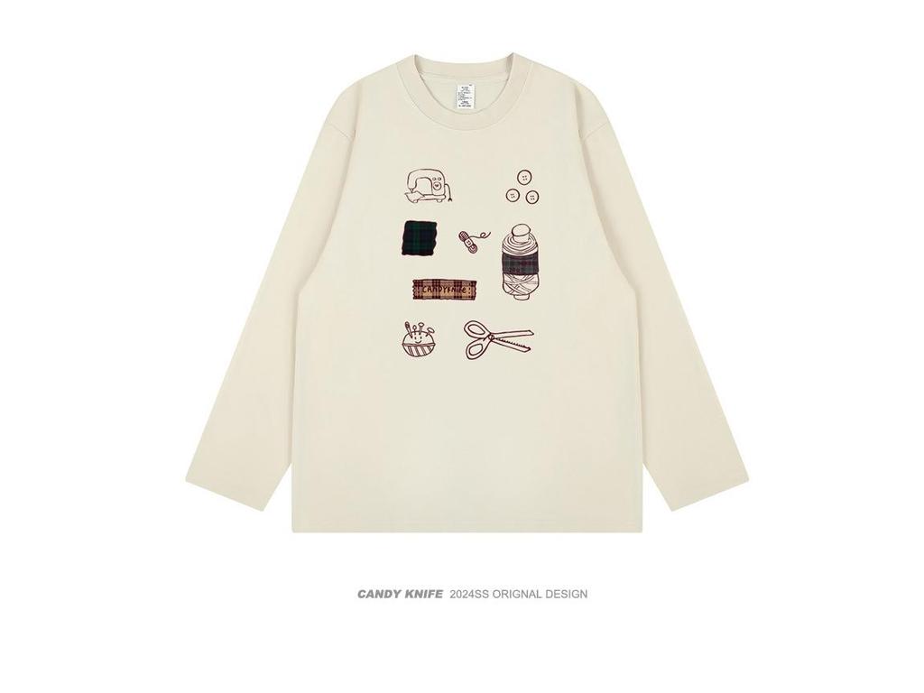 Unisex Korean Style Long Sleeve Cotton T-Shirt with Original Funny Print for Autumn/Winter
