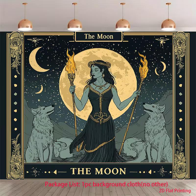 2D Tarot Tapestry - The Moon Card with Goddess, Wolves & Full Moon Wall Decor 47.2x31.5inch/120*80cm