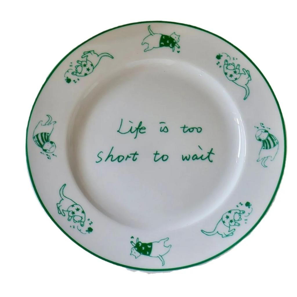 Korean Round Ceramic Cat Island Flat Salad Plate Cute Dessert Cake Dessert Plate