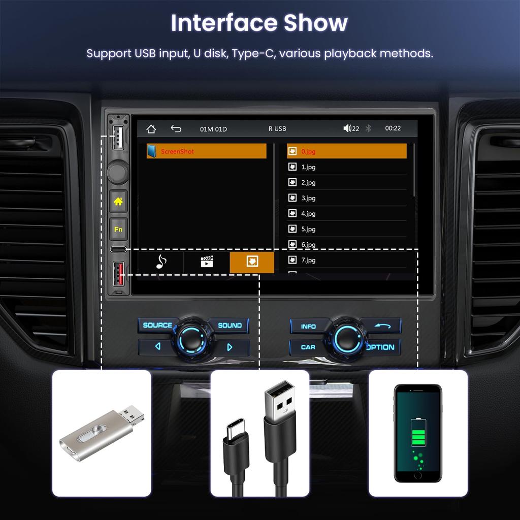 Wireless Android Auto 1DIN Car Stereo 1DIN car radio with touch screen and car multimedia player with FM Mirror steering wheel control and colorful