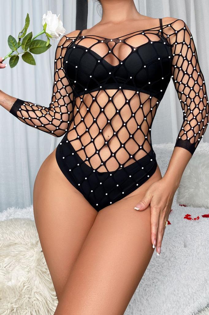 See Through Temptation Bodysuit Ladies Hot Diamond Shiny Sequin Fishnet Sexy Lingerie Long-sleeve Mesh Bodystocking Lingerie