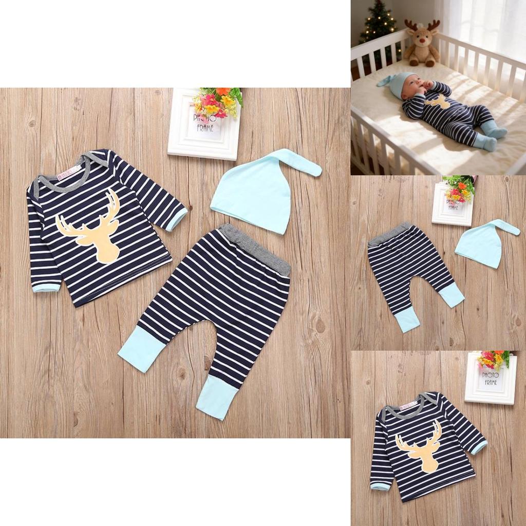 3pcs Newborn Baby Boy Girl Cotton Striped Outfit Set With Long Sleeve Top Pants And Hat For Spring And Autumn Comfort