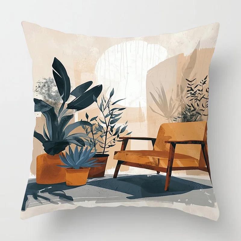 Home Decor Cat & Tropical Plant Patterned Pillow Covers Pattern Cushion Cover Suitable for Sofa Bedroom Car Pillow Cover