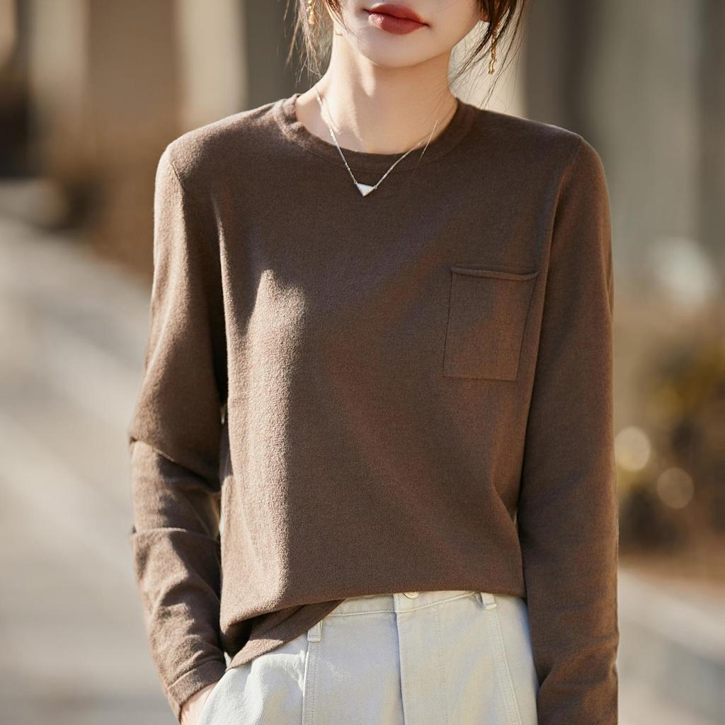 Women's Slim Fit Solid Color Round Neck Wool Sweater - Long Sleeve Fine Knit Base Layer