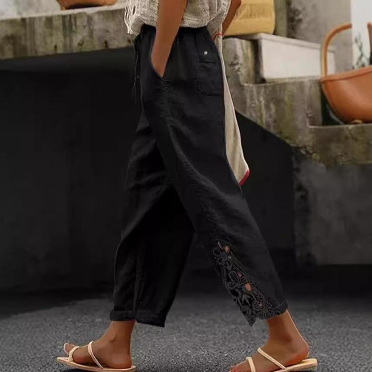 White Casual Pants for Women Loose Fit Elastic Waist Breathable Summer Trousers with Side Cutout Design Multiple Colors