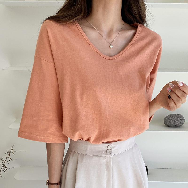 

Ранняя весна, новый продукт, летняя хлопковая футболка с короткими рукавами, V-образным вырезом, боковыми разрезами, однотонная рубашка L