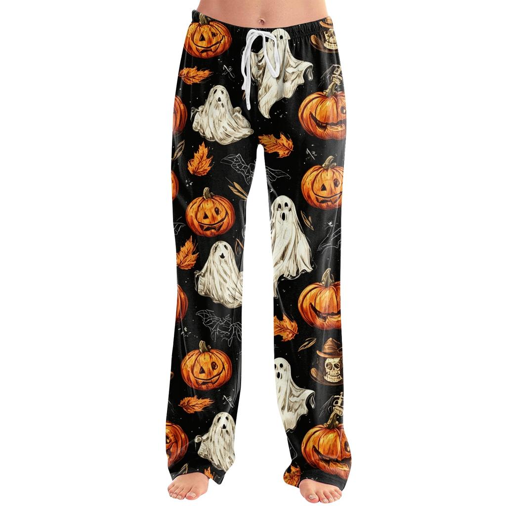 Damen Halloween Print Kordelzug Hose Lässige Lounge Hose Elastische Taille Entspannte Passform Volle Länge Weicher Stoff