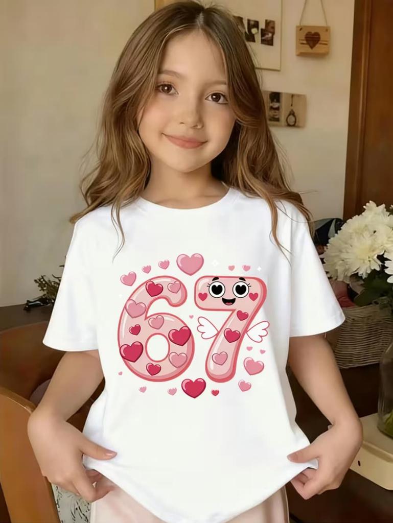 Valentine 67 Six Seven Meme Print T-Shirt 67 Number Round Neck Cute Casual Short Sleeve Comfortable T-Shirt Children's Clothing