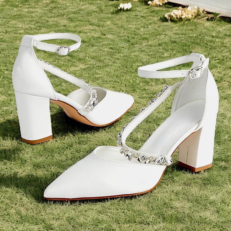 Spring and summer new European and American pointed high heels women's elegant rhinestone thick heel hollow one-word buckle strap shallow wristband s