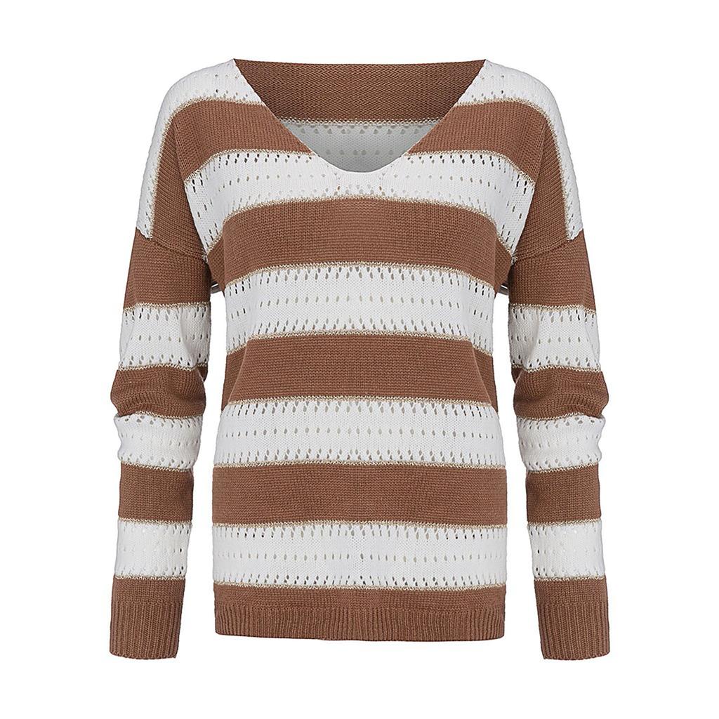 Fashion Women V-neck Long Sleeve Hollow Out Striped Print Knitted Sweater Top