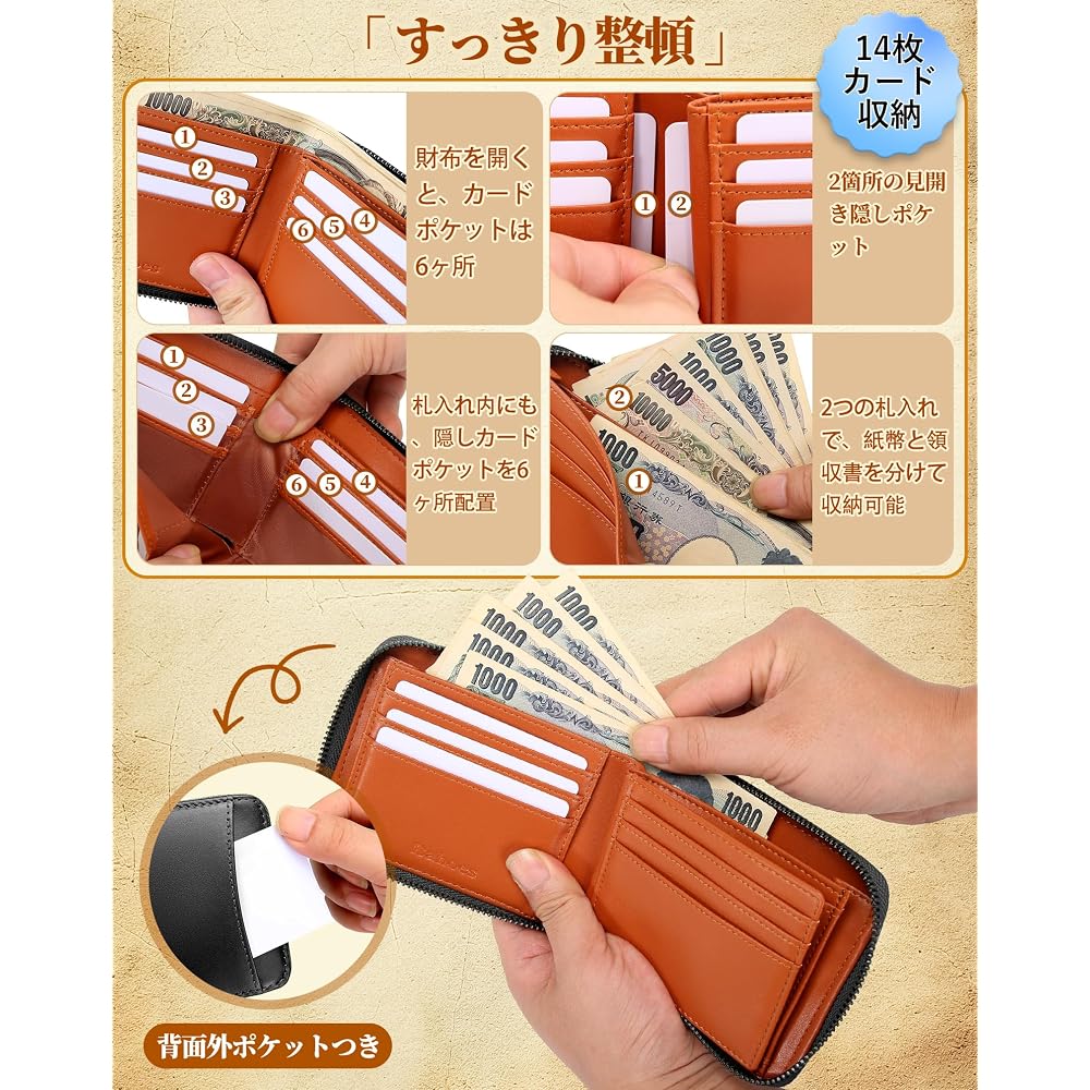 Bahoes Tochigi Leather Men's Bi-fold Wallet with Box-Type Coin Purse, 14 Card Slots, Round Zipper,