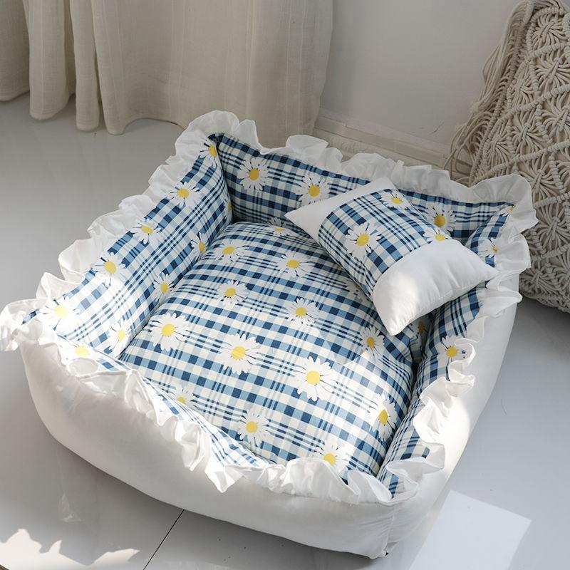 

Pet Dog Lace Bed Cat Bed Cute Puppy Square Sleeping Cushion Bed Cat Sofa Warming Dog Nest with Pillow Washable Pet Bed S~L S 35cm