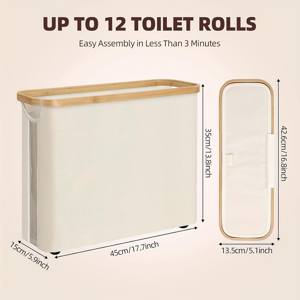 A Bamboo Toilet Paper Holder in A Bohemian Style Featuring A Storage Basket,Versatile Collapsible Basket Can Be Used for Laundry