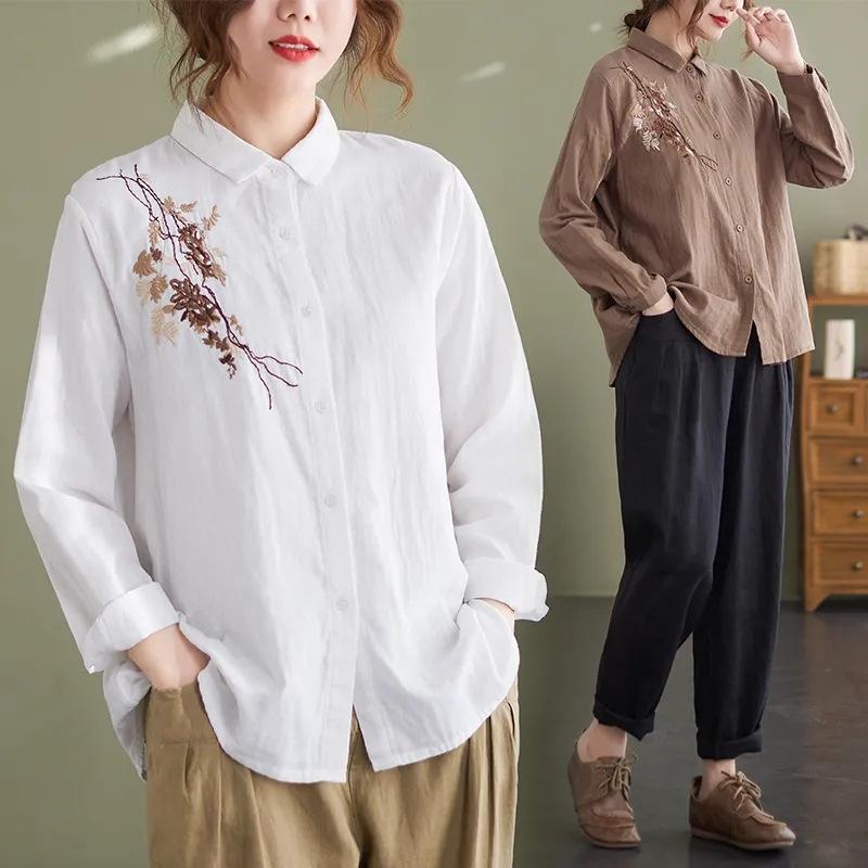 Chemise rétro grande taille à manches longues pour femme, cardigan ample et décontracté brodé