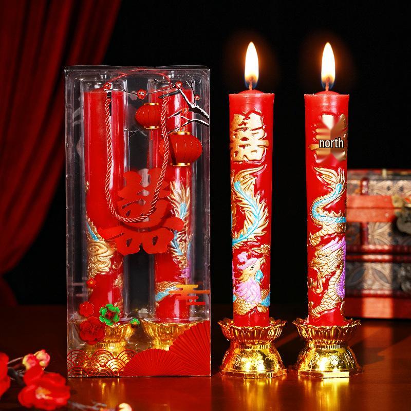 Smokeless Wedding Candles: Red Dragon & Phoenix, Double Happiness Pair