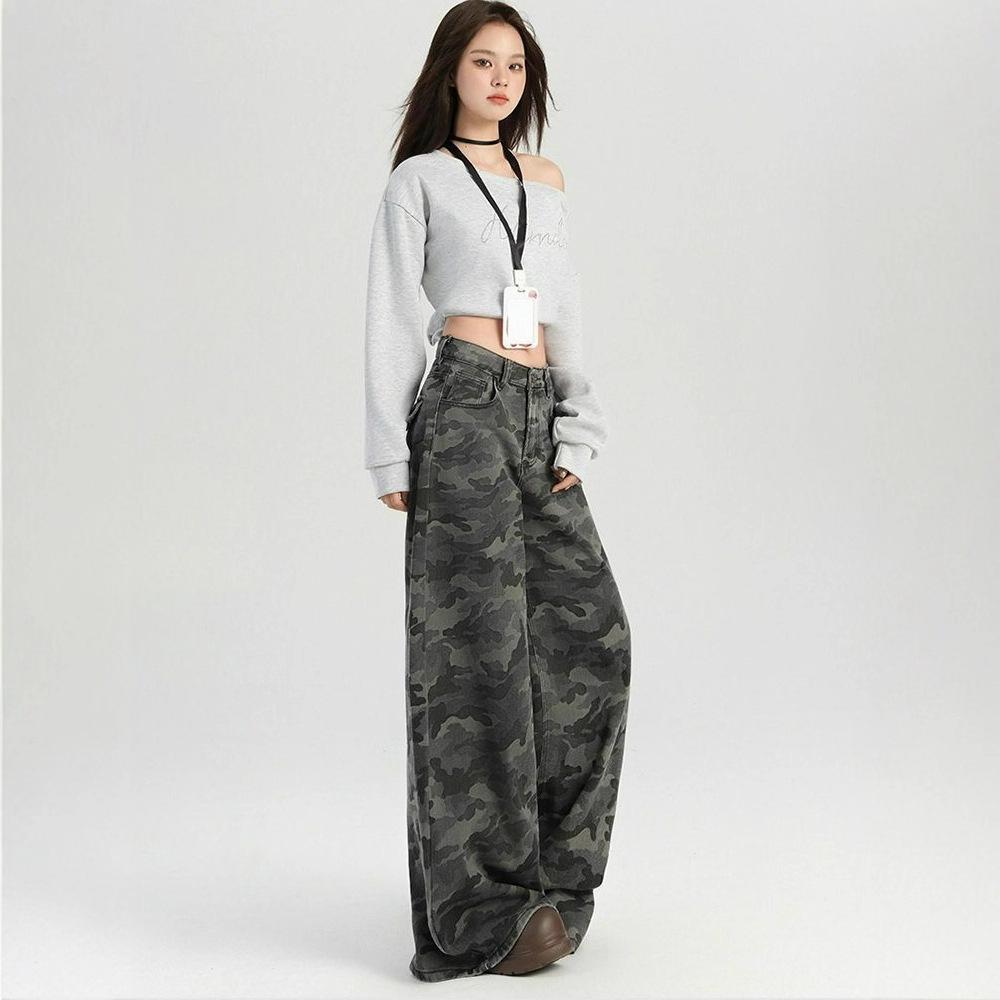 Comfortable Camouflage Jeans Women's Large Size Loose Peplum Trousers High Street Skinny Wide Leg Trousers Jeans for Women Long Denim Pants