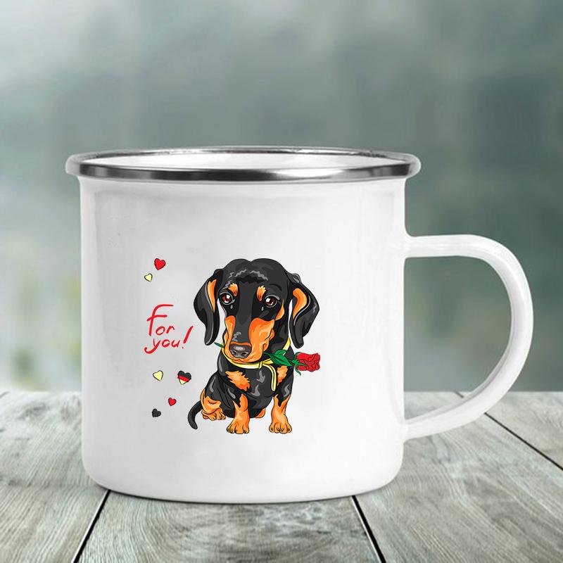 Emaille-Tasse mit Aufdruck „I Love Dackel“, kreatives Glas, für Kaffee, Getränke, Dessert, Milch, Tasse, Glas, Vintage, beheizbarer Griff, Trinkgeschirr, Geschenke