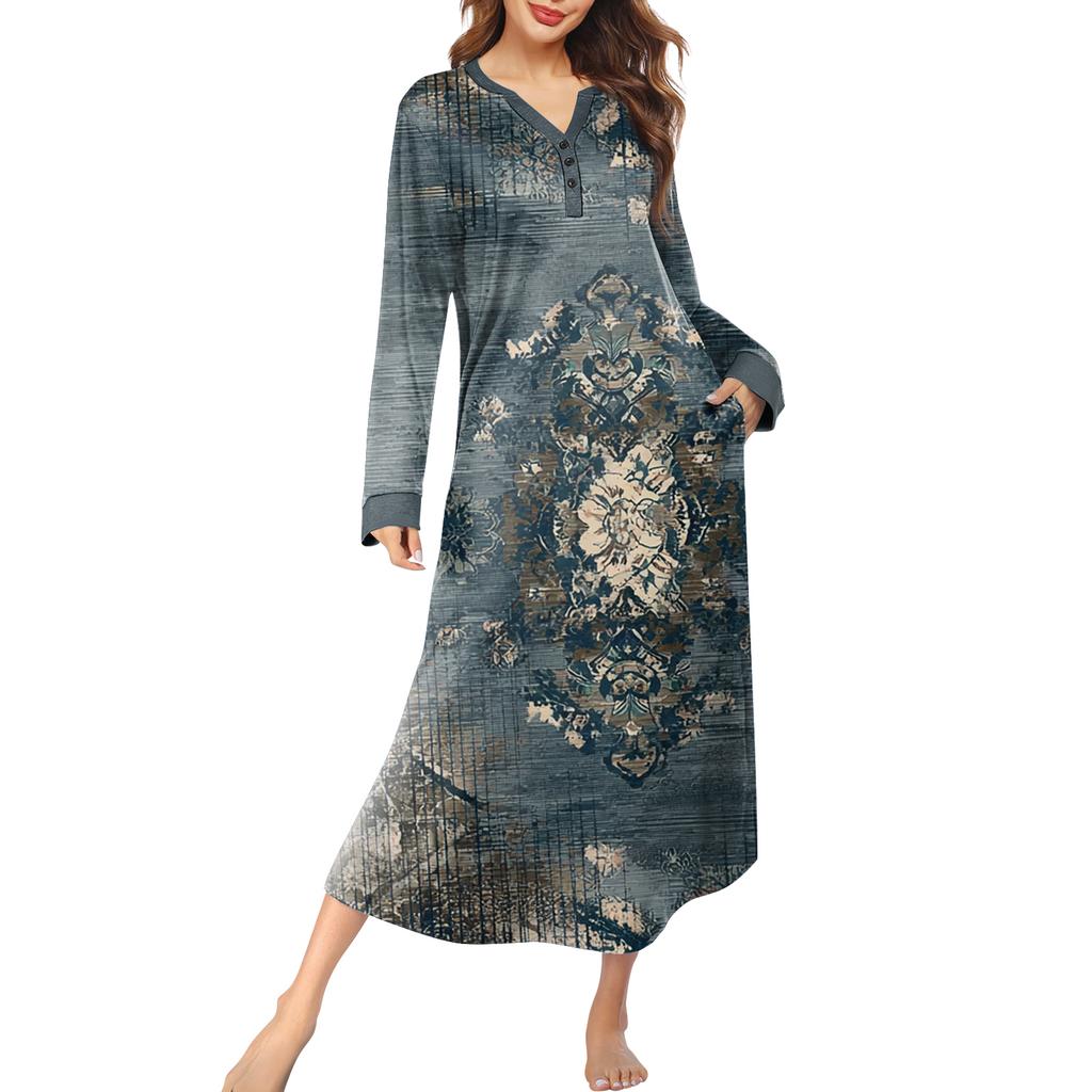 Damska koszula nocna długa odzież wypoczynkowa dekolt V sukienka nocna z kieszeniami
