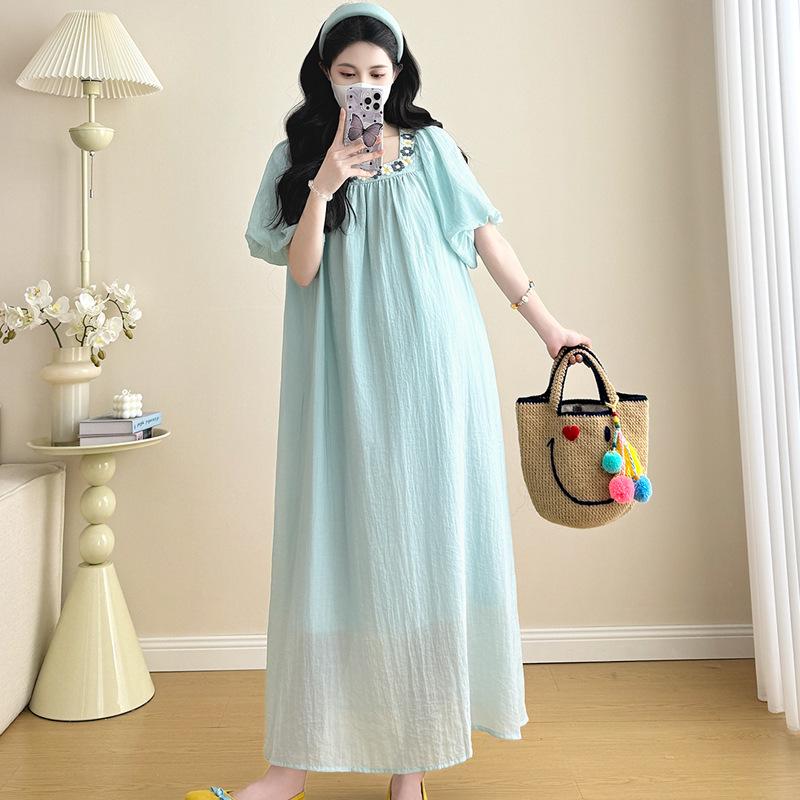 2026 Summer Maternity Dress: Square Neck, Lace Puff Sleeves, Loose French Style, Belly-Covering Skirt 2XL