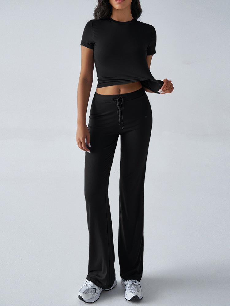 2025 European & American Women's Spring/Summer Solid Color Round Neck Set - Short Sleeve Top & Long Pants