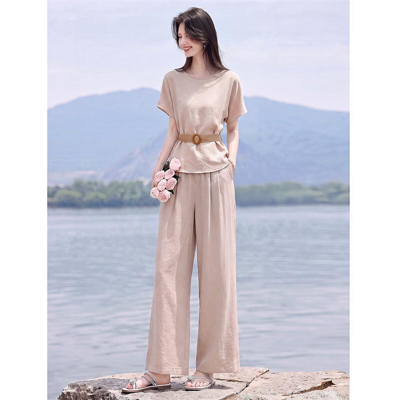 Gentle Style Round Neck Short Sleeve Top & Wide Leg Pants Set