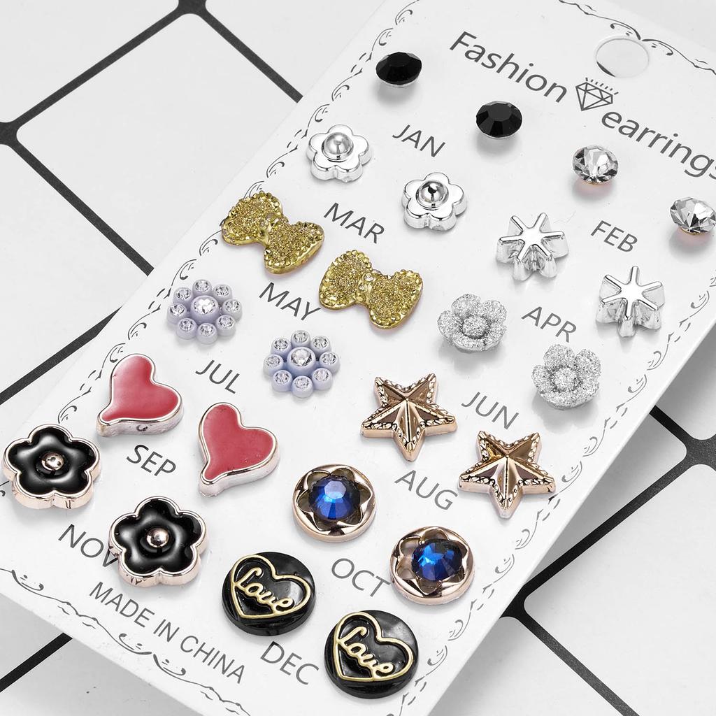 12 Pairs/Lot Acrylic Rhinestone Fashion Earrings Set For Women Flower Heart Stud Earring Girls Simple Geometric Earrings Jewelry