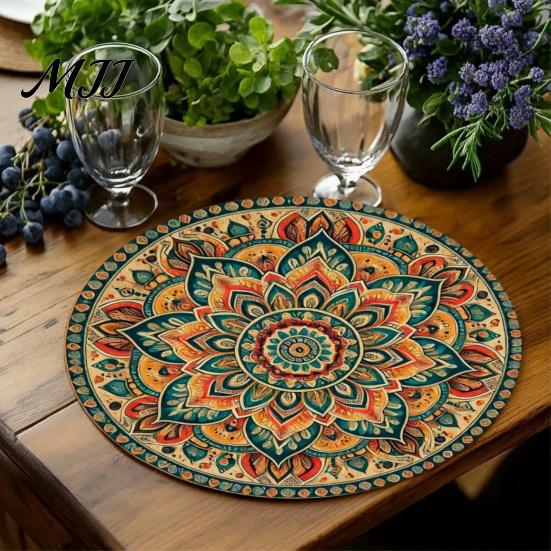 Vintage Floral Pattern Place Mats 4Pcs Nordic Wooden Coasters, Heat Resistant Drink Mats, Non Table Settings Slip Protector for Mugs Cups, Round