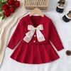 Red New Year Christmas Winter Set V-neck Bow Sweater Top+pleated A-line Skirt 2-piece Sets Kids Clothes Girls