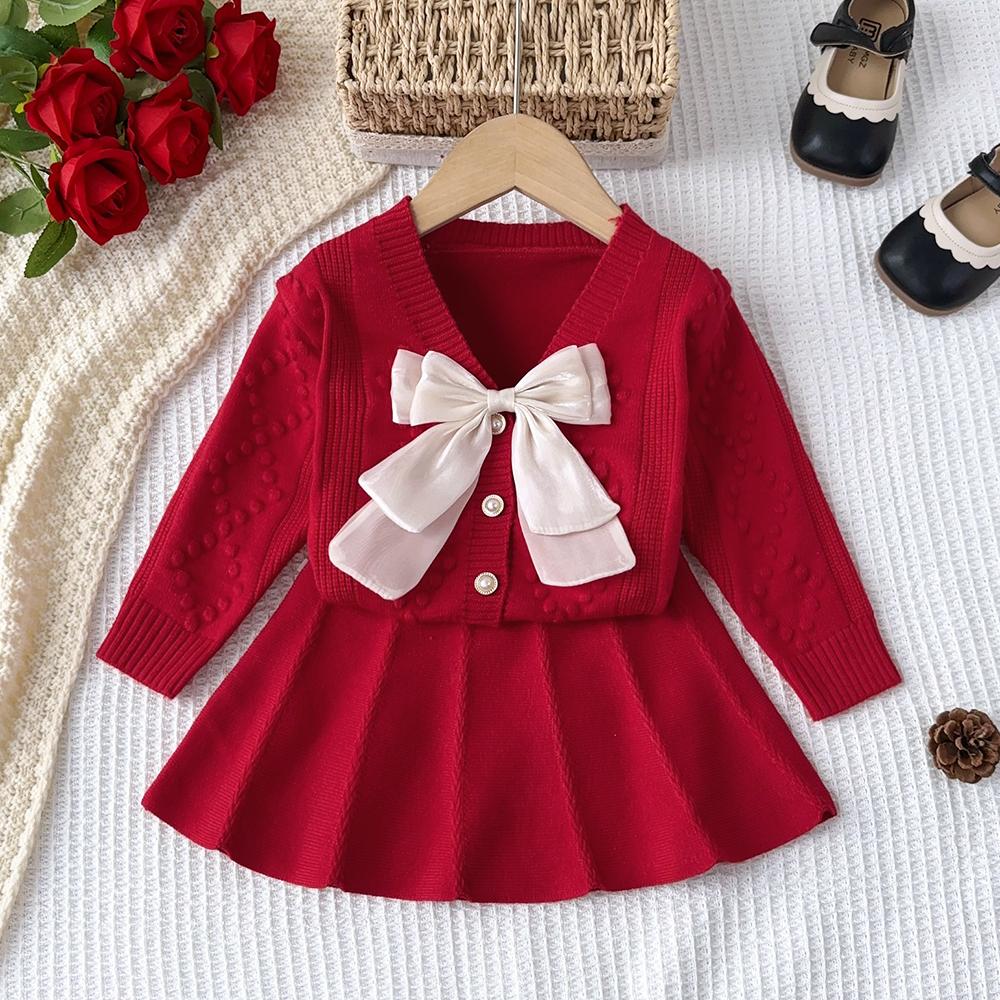 Red New Year Christmas Winter Set V-neck Bow Sweater Top+pleated A-line Skirt 2-piece Sets Kids Clothes Girls