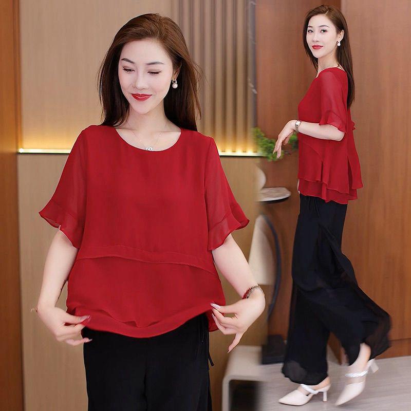Short Sleeve Chiffon Women Shirts Summer Office Work Tops Elegant Lady Shirt Solid O-Neck Women Blouses
