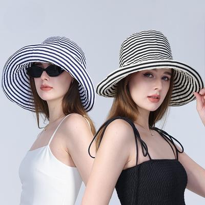 Summer Outdoor Foldable Sunshade Sunscreen Contrasting Color Striped Big Eaves Bucket Hat Women