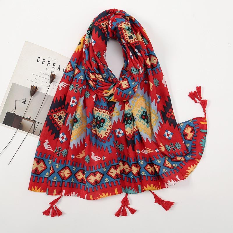 Spring and Autumn New Bali Yarn Tassel Retro Printed Geometric Scarf Versatile Fashion Travel Sunscreen Shawl Silk Scarf Women