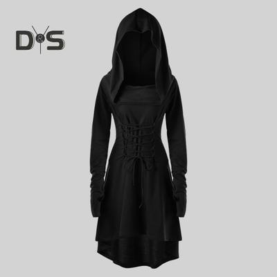 Women Cosplay Dress Gothic Solid Color Lace-up Strap Slim Waist Irregular Hem Hooded Long Sleeves Theme Parties Role-Playing Festival Halloween Midi