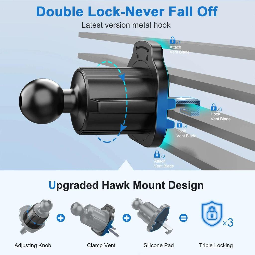 Universal Car Vent Phone Holder with Metal Hook and 17mm Ball Clip