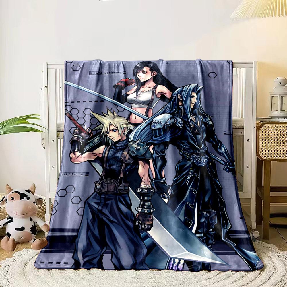 

Three characters in detailed fantasy outfits holding large swords. for all seasons blanket lunch break throw gift 80cm x 120cm