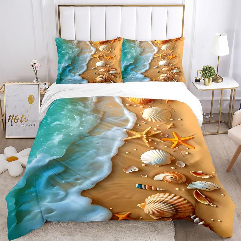 3pcs Beach Themed Seashell Starfish Shellfish Ocean Wave Coastal Decorative Bedding Set, Bedroom or Guest Room, Festive Gift, Anime Cartoon Design
