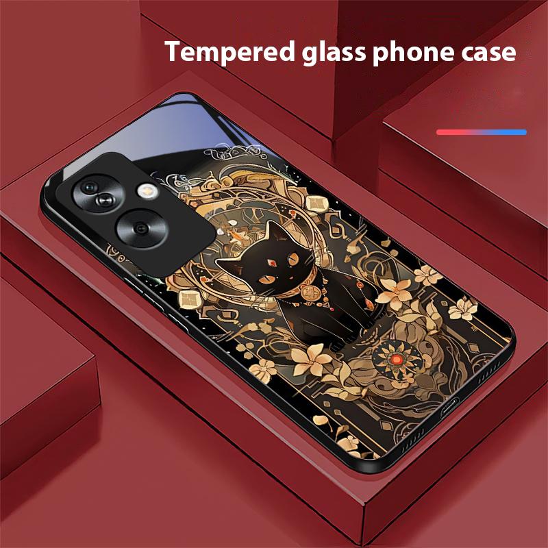 Schwarze Goldkatze für Oppo A79 5G 58 78 74 60 4G Reno 11F Realme GT 6 11 Note 50 10 C55 X2 Hartglas Schwarze Handyhülle