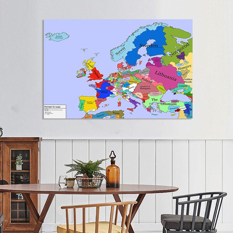 Stampa su Tela Mappa Politica Storica dell'Europa 1444, Arte Murale di Storia Medievale per Studio Sala Giochi Ufficio Decorazione, Poster Educativo Vintage Senza Cornice