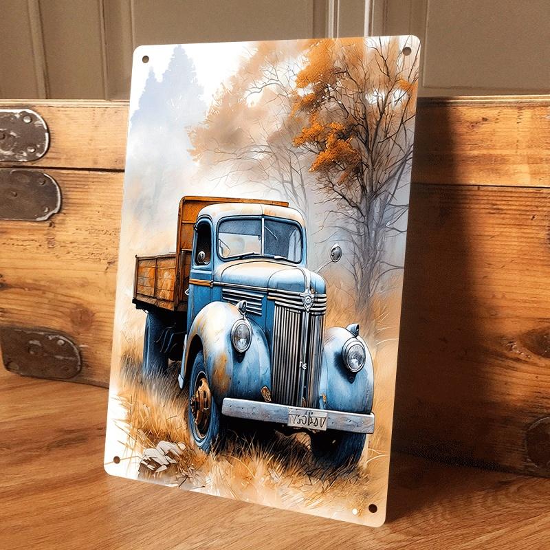 

1 piece of vintage blue truck tinplate painting, autumn forest landscape decorative plaque, living room/study wall art piece, Am (as the picture,20x30cm)