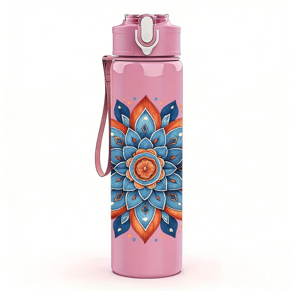 1PC Blue Red Mandala Pattern 750ml Color Plastic Sports Water Bottle Leakproof Flip Straw Lid Suitable for Sports Office Home Use