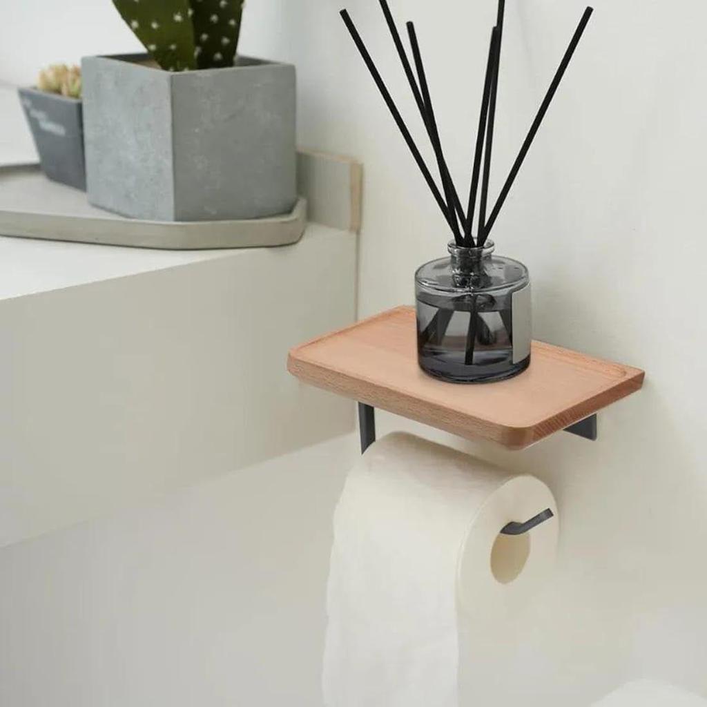 Heavy Duty and Premium Toilet Paper Holder with Shelf Black,Wooden Wall Mount Tissue Paper Roll Holder with Screw - Bathroom Accessories