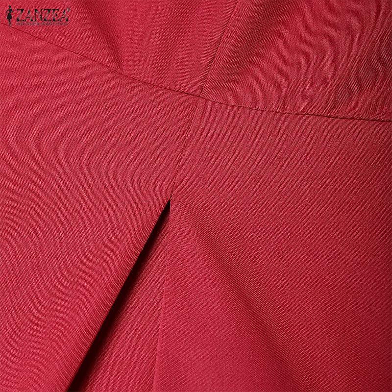 ZANZEA Women Casual Stand Collar Short Sleeve Solid Color Elegant Dress