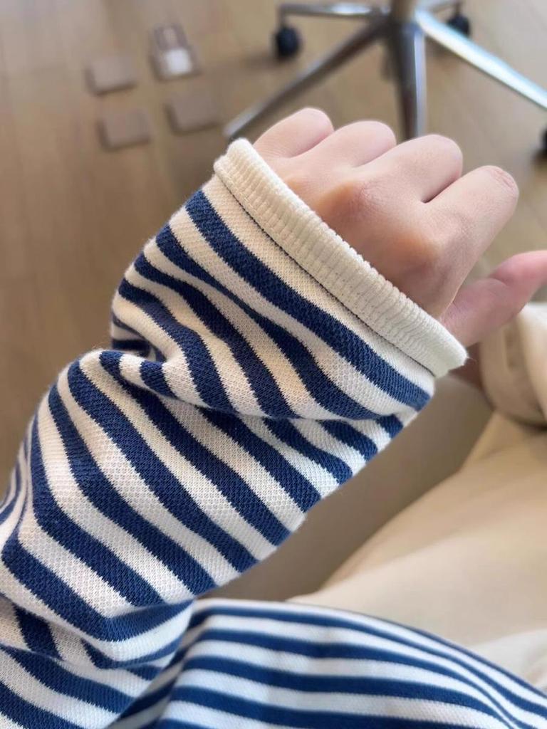 Women's Autumn Chic Korean Blue & White Striped Loose Sweatshirt