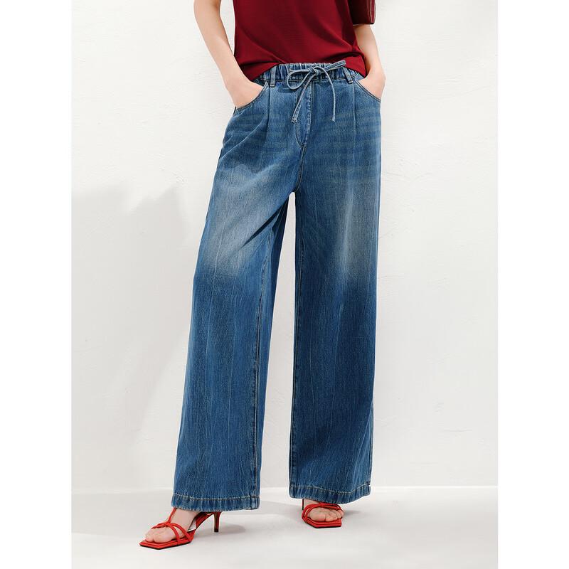 JUZI ANNACO Women's Relaxed Retro Elastic Waist Loose Denim Wide-Leg Pants