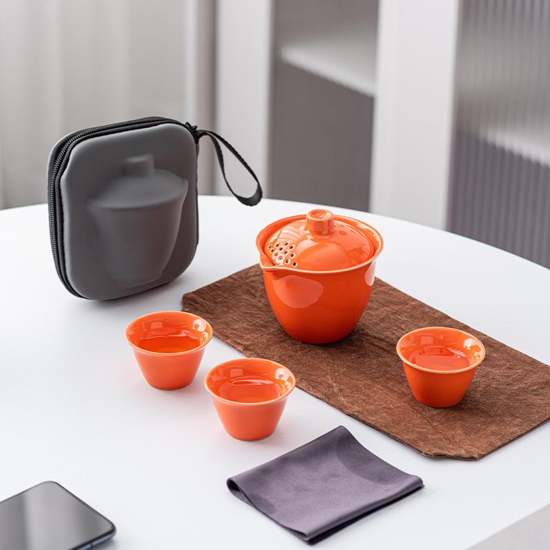 Light luxury travel tea set wholesale creative one pot three cups high-end boutique outdoor express cup portable bag gifts
